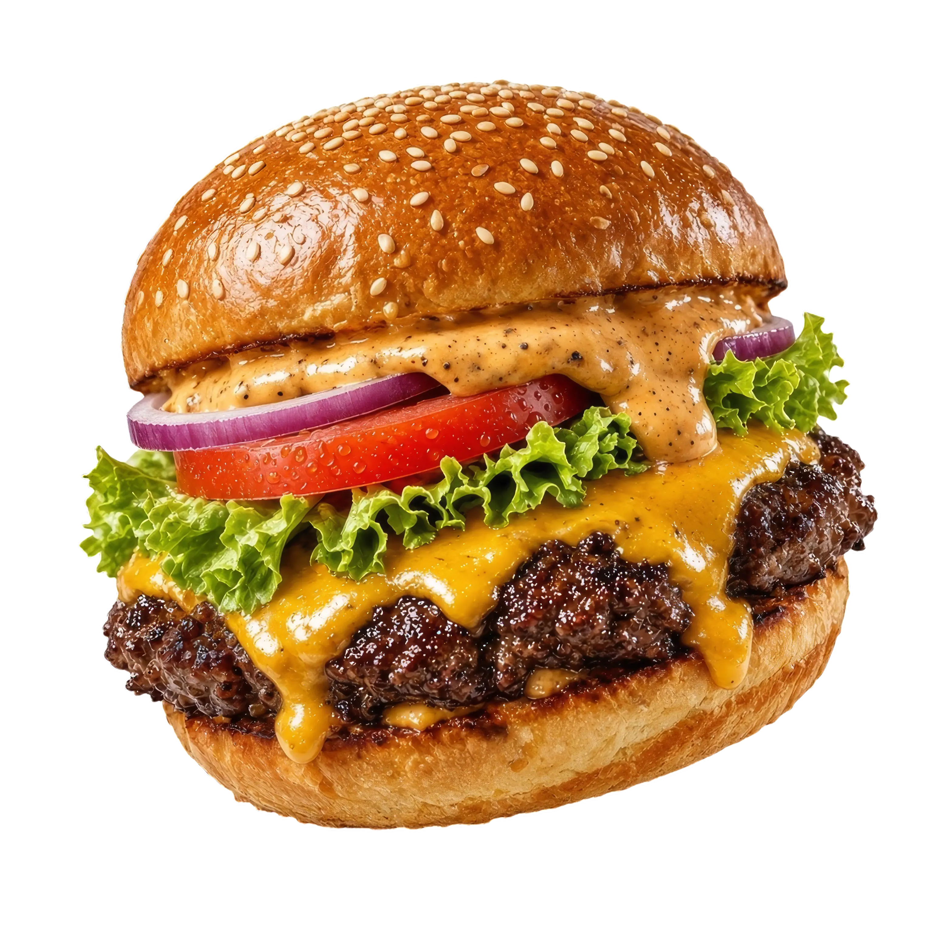 A signature smash burger with sesame brioche bun, melted American cheese, lettuce, tomato, red onion, and special sauce