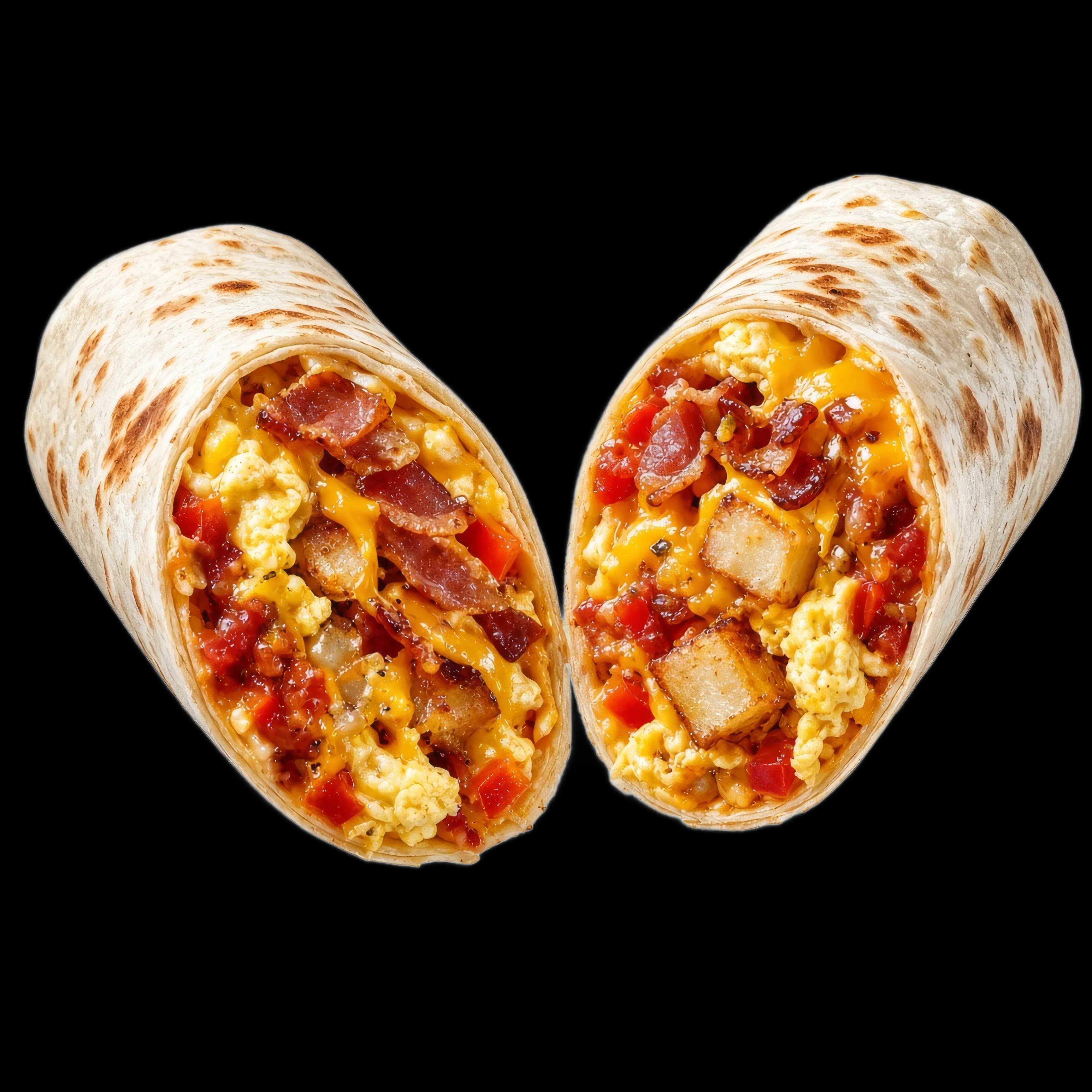 A grilled breakfast burrito with egg, cheese, bacon, and avocado