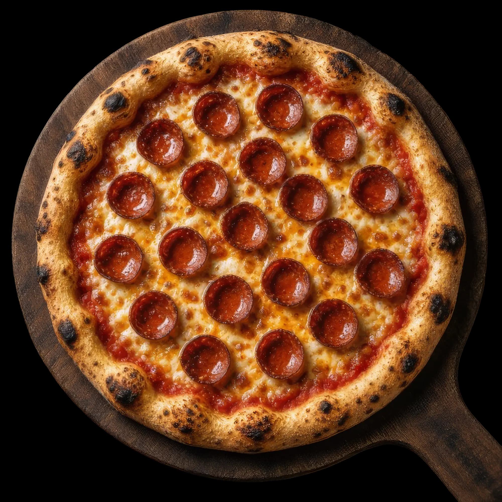 Close-up of a New York-style pepperoni pizza, cupped-and-charred pepperoni on golden bubbled mozzarella